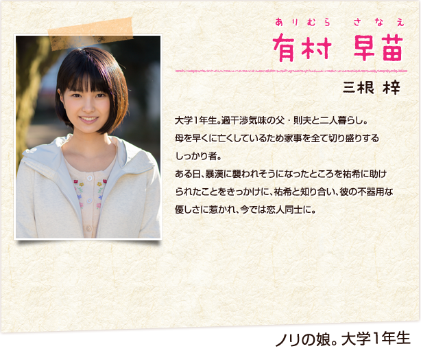 有村早苗　ありむらさなえ　ノリの娘　高校２年生　三根梓　大学１年生。過干渉気味の父・則夫と二人暮らし。母を早くに亡くしているため家事を全て切り盛りするしっかり者。ある日、暴漢に襲われそうになったところを祐希に助けられたことをきっかけに、祐希と知り合い、彼の不器用な優しさに惹かれ、今では恋人同士に。