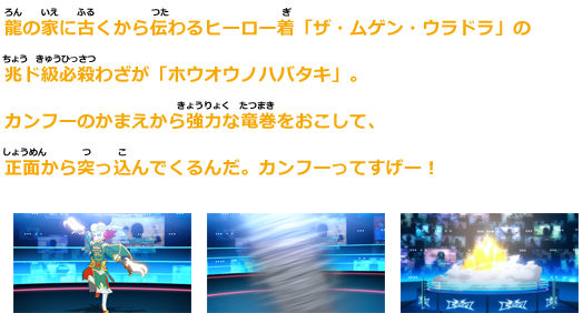 龍の家に古くから伝わるヒーロー着「ザ・ムゲン・ウラドラ」の兆ド級必殺わざが「ホウオウノハバタキ」。
カンフーのかまえから強力な竜巻をおこして、正面から突っ込んでくるんだ。カンフーってすげー！