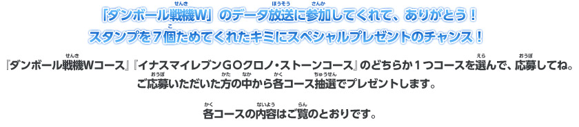 「ダンボール戦機Ｗ」のデータ放送に参加してくれて、ありがとう！スタンプを７個ためてくれたキミにスペシャルプレゼントのチャンス！『ダンボール戦機Ｗコース』『イナスマイレブンＧＯクロノ・ストーンコース』のどちらか１つコースを選んで、応募してね。ご応募いただいた方の中から各コース抽選でプレゼントします。各コースの内容はご覧のとおりです。