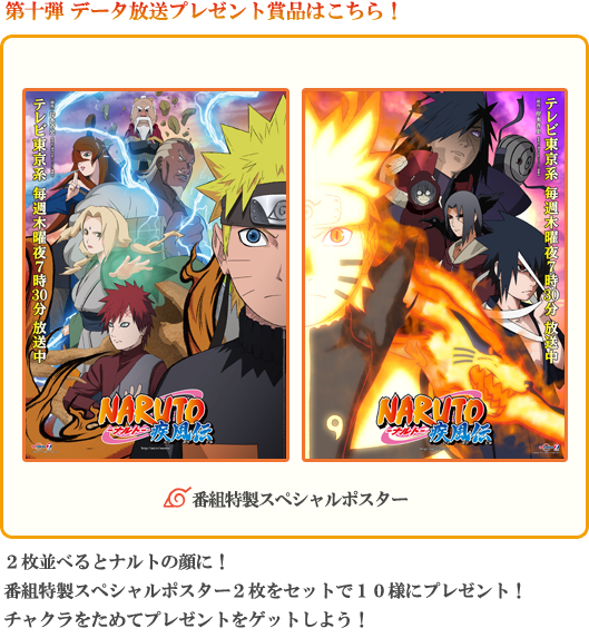 第十弾 データ放送プレゼント賞品はこちら！２枚並べるとナルトの顔に！番組特製スペシャルポスター２枚をセットで１０様にプレゼント！チャクラをためてプレゼントをゲットしよう！