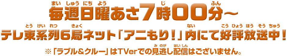 毎週日曜あさ7時00分～テレ東系列6局ネット「アニもり！」内にて好評放送中！