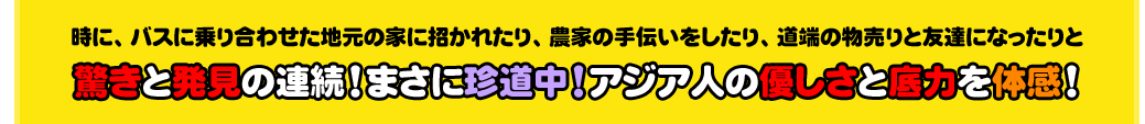 時にバスに乗り合わせた地元の家に招かりたり、農家の手伝いをしたり、道端の物売りと友達になったりと
驚きと発見の連続！まさに珍道中！アジア人の優しさと底力を体感！