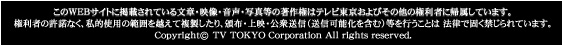 このWEBサイトに掲載されている文章・映像・音声・写真等の著作権はテレビ東京およびその他の権利者に帰属しています。権利者の許諾なく、私的使用の範囲を超えて複製したり、頒布、上映、公衆送信（送信可能化を含む）等を行うことは法律で固く禁じらています。Copyright (c) TV TOKYO Corporation All rights reserved.