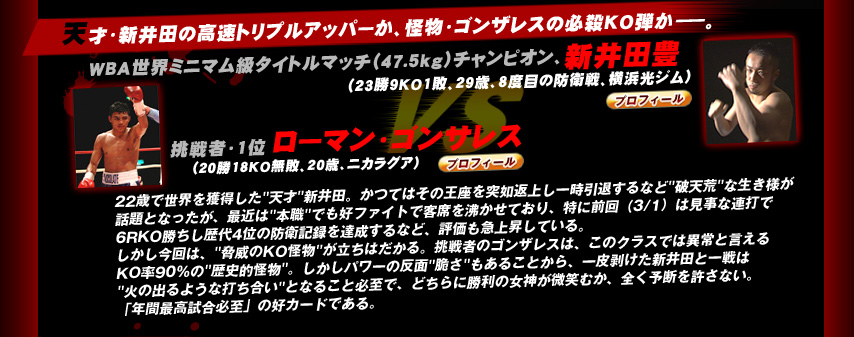 天才・新井田の高速トリプルアッパーか、怪物・ゴンザレスの必殺KO弾か－。
		WBA世界ミニマム級タイトルマッチ（47.5kg）チャンピオン、新井田豊（横浜光ジム）vs 挑戦者・1位ローマン・ゴンサレス （ニカラグア）