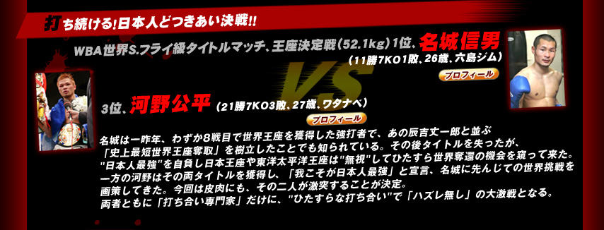 打ち続ける！日本人どつきあい決戦！！
		WBA世界S.フライ級タイトルマッチ、王座決定戦（52.1kg）1位、名城信男（六島ジム）vs 3位、河野公平 （ワタナベ）