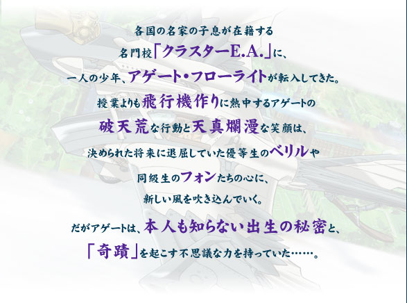 各国の名家の子息が在籍する名門校「クラスターＥ.Ａ.」に、一人の少年、アゲート・フローライトが転入してきた。授業よりも飛行機作りに熱中するアゲートの破天荒な行動と天真爛漫な笑顔は、決められた将来に退屈していた優等生のベリルや同級生のフォンたちの心に、新しい風を吹き込んでいく。だがアゲートは、本人も知らない出生の秘密と、「奇蹟」を起こす不思議な力を持っていた……。