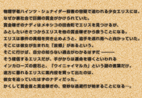 物理学者ハインツ・シュナイダー殺害の容疑で追われる少女エリスには、なぜか裏社会で巨額の賞金がかけられていた。<br />
賞金稼ぎのナディはメキシコの田舎町でエリスを見つけるが、ふとしたいきさつからエリスを他の賞金稼ぎから救うことになる。<br />
エリスは事件の真相を突き止めようと、追手を逃れ南へと向かっていた。そこには<br />
彼女が生まれた「故郷」があるという。　そこに行けば、自分の知らない過去がわかるはずだーそう確信するエリスだが、手がかりは運命を導くといわれるインカローズの原石と、「ウイニャイマルカ」という謎の言葉だけ。<br />
途方に暮れるエリスに案内役を買って出たのは、彼女を追っていたはずのナディだった。<br />
かくして賞金首と賞金稼ぎの、奇妙な逃避行が始まることになる…。