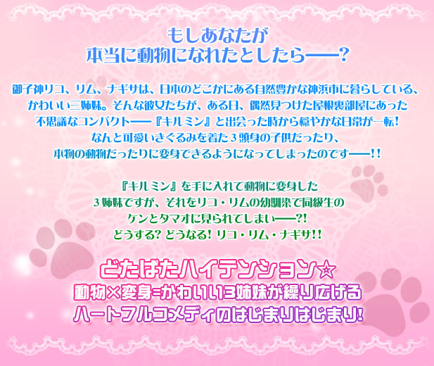 もしあなたが本当に動物になれたとしたら――?
御子神リコ、リム、ナギサは、日本のどこかにある自然豊かな神浜市に暮らしている、かわいい三姉妹。そんな彼女たちが、ある日、偶然見つけた屋根裏部屋にあった不思議なコンパクト――『キルミン』と出会った時から穏やかな日常が一転! 
なんと可愛いきぐるみを着た3頭身の子供だったり、本物の動物だったりに変身できるようになってしまったのです――!!
『キルミン』を手に入れて動物に変身した3姉妹ですが、それをリコ・リムの幼馴染で同級生のケンとタマオに見られてしまい――?!どうする? どうなる! リコ・リム・ナギサ!!
どたばたハイテンション☆ 動物×変身=かわいい3姉妹が繰り広げるハートフルコメディのはじまりはじまり!
