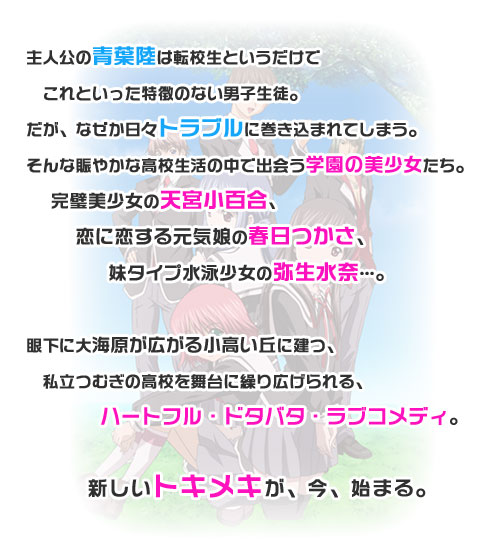 主人公の青葉陸は転校生というだけでこれといった特徴のない男子生徒。だが、なぜか日々トラブルに巻き込まれてしまう。そんな賑やかな高校生活の中で出会う学園の美少女たち。完璧美少女の天宮小百合、恋に恋する元気娘の春日つかさ、妹タイプ水泳少女の弥生水奈…。眼下に大海原が広がる小高い丘に建つ、私立つむぎの高校を舞台に繰り広げられる、ハートフル・ドタバタ・ラブコメディ。新しいトキメキが、今、始まる。