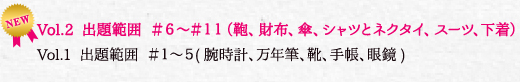 Vol.2 出題範囲　＃６～＃１１（鞄、財布、傘、シャツとネクタイ、スーツ、下着）Ｖｏｌ.1　出題範囲＃１～５(腕時計、万年筆、靴、手帳、眼鏡)