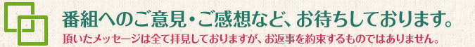 番組へのご意見・ご感想など、お待ちしております。頂いたメッセージは全て拝見しておりますが､ お返事を約束するものではありません。