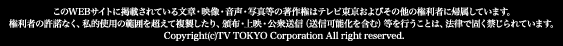 このWEBサイトに掲載されている文章・映像・音声・写真等の著作権はテレビ東京およびその他の権利者に帰属しています。権利者の許諾なく、私的使用の範囲を超えて複製したり、頒布、上映、公衆送信（送信可能化を含む）等を行うことは法律で固く禁じらています。Copyright (c) TV TOKYO Corporation All rights reserved.