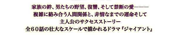 家族の絆、男たちの野望、復讐、そして禁断の愛―――複雑に絡み合う人間関係と、非情なまでの運命そして主人公のサクセスストーリー 全６０話の壮大なスケールで描かれるドラマ『ジャイアント』