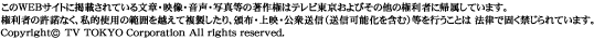 このWEBサイトに掲載されている文章・映像・音声・写真等の著作権はテレビ東京およびその他の権利者に帰属しています。権利者の許諾なく、私的使用の範囲を超えて複製したり、頒布、上映、公衆送信（送信可能化を含む）等を行うことは法律で固く禁じらています。Copyright (c) TV TOKYO Corporation All rights reserved.