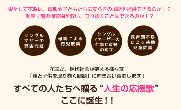 果たして花咲は、母親や子どもたちに安らぎの場所を提供できるのか！？倒産寸前の保育園を救い、守り抜くことはできるのか！？「シングルマザーの貧困問題」「母親による育児放棄……」「シングルファーザーの仕事と育児の両立」「保育園不足による待機児童問題」花咲が、現代社会が抱える様々な「親と子供を取り巻く問題」に向き合い奮闘します！すべての人たちへ贈る&ldquo;人生の応援歌&rdquo;ここに誕生！！

