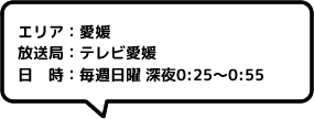エリア：愛媛放送局：テレビ愛媛日時：毎週日曜 深夜0:25～0:55