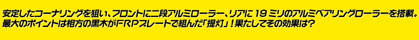 安定したコーナリングを狙い、フロントに二段アルミローラー、リアに19ミリのアルミベアリングローラーを搭載。最大のポイントは相方の黒木がＦＲＰプレートで組んだ「提灯」！果たしてその効果は？