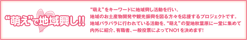 “萌え”で地域興し！！
“萌え”をキーワードに地域興し活動を行い、地域のお土産物開発や観光振興を図る方々を応援するプロジェクトです。地域バラバラに行われている活動を、“萌え”の聖地秋葉原に一堂に集めて内外に紹介、有職者、一般投票によってNO1を決めます！