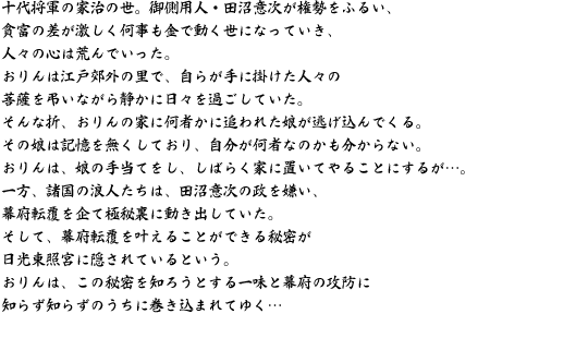 十代将軍の家治の世。御側用人・田沼意次が権勢をふるい、貧富の差が激しく何事も金で動く世になっていき、人々の心は荒んでいった。おりんは江戸郊外の里で、自らが手に掛けた人々の菩薩を弔いながら静かに日々を過ごしていた。そんな折、おりんの家に何者かに追われた娘が逃げ込んでくる。その娘は記憶を無くしており、自分が何者なのかも分からない。おりんは、娘の手当てをし、しばらく家に置いてやることにするが・・・。一方、諸国の浪人たちは、田沼意次の政を嫌い、幕府転覆を企て極秘裏に動き出していた。そして、幕府転覆を叶えることができる秘密が日光東照宮に隠されているという。おりんは、この秘密を知ろうとする一味と幕府の攻防に知らず知らずのうちに巻き込まれてゆく・・・