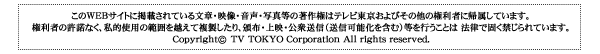 このWEBサイトに掲載されている文章・映像・音声・写真等の著作権はテレビ東京およびその他の権利者に帰属しています。権利者の許諾なく、私的使用の範囲を超えて複製したり、頒布、上映、公衆送信（送信可能化を含む）等を行うことは法律で固く禁じらています。Copyright (c) TV TOKYO Corporation All rights reserved.