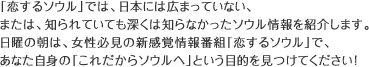 「恋するソウル」では、日本には広まっていない、または、知られていても深くは知らなかったソウル情報を紹介します。日曜の朝は、女性必見の新感覚情報番組「恋するソウル」で、あなた自身の「これだからソウルへ」という目的を見つけてください！