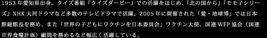 1953年愛知県出身。クイズ番組『クイズダービー』での活躍をはじめ、『北の国から』『モモ子シリーズ』NHK大河ドラマなど多数のテレビドラマで活躍。2005年に開催された「愛・地球博」では日本館総館長を務め、また「世界の子どもにワクチンを日本委員会」ワクチン大使、国連WFP協会（国連世界食糧計画）顧問を務めるなど幅広く活躍している。