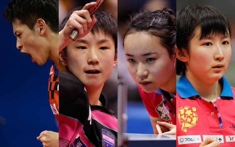 左から大島祐哉、張本智和、伊藤美誠、早田ひな