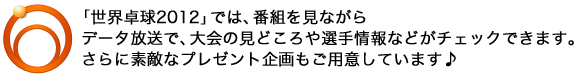 『世界卓球２０１２』では、番組を見ながらデータ放送で、大会の見どころや選手情報などがチェックできます。さらに素敵なプレゼント企画もご用意しています♪