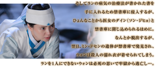 そしてランの病気の治療法が書かれた書を
手に入れるため禁書庫に侵入するが、
ひょんなことから医女のダイン（ソン・ジヒョ）と
禁書庫に閉じ込められるはめに。
なんとか脱出するが、
翌日、ミン・ドセンの遺体が禁書庫で発見され、
ウォンは殺人の濡れ衣が着せられてしまう。
ランを１人にできないウォンは必死の思いで牢獄から逃亡し…。
