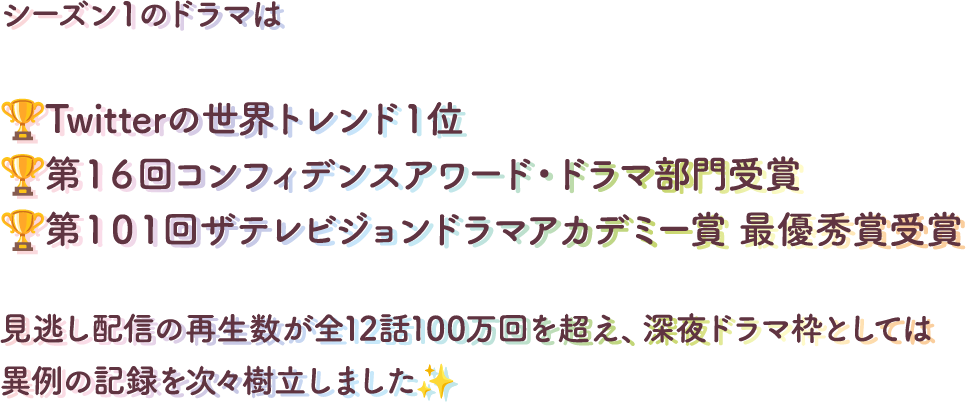 シーズン1のドラマはTwitterの世界トレンド1位第16回コンフィデンスアワード・ドラマ部門受賞第101回ザテレビジョンドラマアカデミー賞 最優秀賞受賞見逃し配信の再生数が全12話100万回を超え、深夜ドラマ枠としては異例の記録を次々樹立しました
