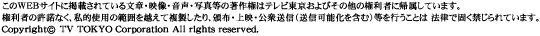このWEBサイトに掲載されている文章・映像・音声・写真等の著作権はテレビ東京およびその他の権利者に帰属しています。権利者の許諾なく、私的使用の範囲を超えて複製したり、頒布、上映、公衆送信（送信可能化を含む）等を行うことは法律で固く禁じらています。Copyright (c) TV TOKYO Corporation All rights reserved.