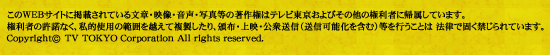 このWEBサイトに掲載されている文章・映像・音声・写真等の著作権はテレビ東京およびその他の権利者に帰属しています。権利者の許諾なく、私的使用の範囲を超えて複製したり、領布・上映・公衆送信(送信可能化を含む)等を行うことは法律で固く禁じられています。Copyright (c) TV TOKYO Corporation All rights reserved.