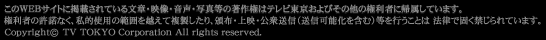 このWEBサイトに掲載されている文章・映像・音声・写真等の著作権はテレビ東京およびその他の権利者に帰属しています。権利者の許諾なく、私的使用の範囲を超えて複製したり、頒布、上映、公衆送信（送信可能化を含む）等を行うことは法律で固く禁じらています。Copyright (c) TV TOKYO Corporation All rights reserved.