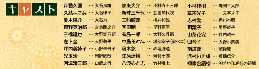 「森繁久彌… 大石良雄、久慈あさみ… 大石律子、夏木陽介… 大石力、東野英治郎… … 吉良剛之介、三橋達也… 大野定五郎、左卜全… 天野義平、坪内美詠子… 小野寺丹子、児玉清… 岡野欣哉、河津清三郎… 山鹿之行」「加東大介… 小野寺十三郎、新珠三千代… 芸者加、三船敏郎… 桃井和雄、宝田明… 早野寛平、有島一郎… 大野久兵衛、中島そのみ… 堀部安子(安ベエ)、藤木悠… 赤垣源造、江原達怡… 磯貝十郎、八波むと志… 竹林唯七 」「小林桂樹… 寺岡平太郎、草笛光子… 一文字才子、志村喬… 角川本蔵、司葉子… 早野軽子、山茶花究… 伴内耕一、団令子… 大野小奈美、南道郎… 肥後豊、沢村いき雄… 倉橋伝介、柳家金語楼… そばや「山科」の親爺」