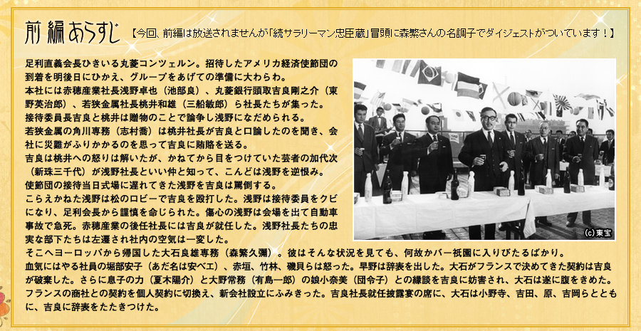 前篇あらすじ【今回、前編は放送されませんが「続サラリーマン忠臣蔵」冒頭に森繁さんの名調子でダイジェストがついています！】「足利直義会長ひきいる丸菱コンツェルン。招待したアメリカ経済使節団の到着を明後日にひかえ、グループをあげての準備に大わらわ。本社には赤穂産業社長浅野卓也（池部良）、丸菱銀行頭取吉良剛之介（東野英治郎）、若狭金属社長桃井和雄（三船敏郎）ら社長たちが集った。接待委員長吉良と桃井は贈物のことで論争し浅野になだめられる。若狭金属の角川専務（志村喬）は桃井社長が吉良と口論したのを聞き、会社に災難がふりかかるのを思って吉良に賄賂を送る。吉良は桃井への怒りは解いたが、かねてから目をつけていた芸者の加代次（新珠三千代）が浅野社長といい仲と知って、こんどは浅野を逆恨み。使節団の接待当日式場に遅れてきた浅野を吉良は罵倒する。こらえかねた浅野は松のロビーで吉良を殴打した。浅野は接待委員をクビになり、足利会長から謹慎を命じられた。傷心の浅野は会場を出て自動車事故で急死。赤穂産業の後任社長には吉良が就任した。浅野社長たちの忠実な部下たちは左遷され社内の空気は一変した。そこへヨーロッパから帰国した大石良雄専務（森繁久彌）。彼はそんな状況を見ても、何故かバー祇園に入りびたるばかり。血気にはやる社員の堀部安子（あだ名は安ベエ）、赤垣、竹林、磯貝らは怒った。早野は辞表を出した。大石がフランスで決めてきた契約は吉良が破棄した。さらに息子の力（夏木陽介）と大野常務（有島一郎）の娘小奈美（団令子）との縁談を吉良に妨害され、大石は遂に腹をきめた。フランスの商社との契約を個人契約に切換え、新会社設立にふみきった。吉良社長就任披露宴の席に、大石は小野寺、吉田、原、吉岡らとともに、吉良に辞表をたたきつけた。」